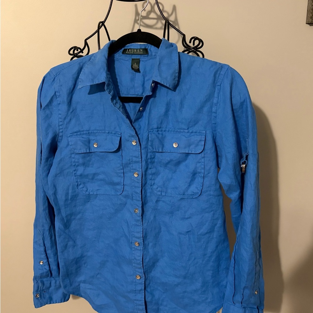 Lauren Ralph Lauren Linen  Blue Button-Up Top shirt blouse safari small 💕